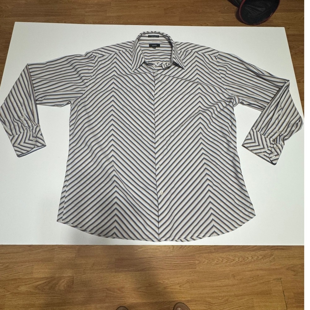 Alfani Mens Long Sleeve Button Down Shirt Blue Brown Diagonal Stripe XL